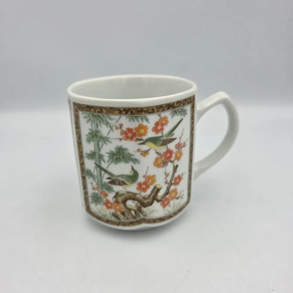 Kutani Japanese Style Orange Flowers  Green Birds Coffee Tea Mug 8oz Porcelain